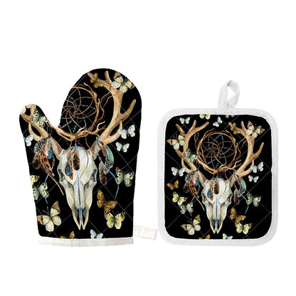 Dreamcatcher Deer Skull Print Oven Mitt And Pot Holder Set