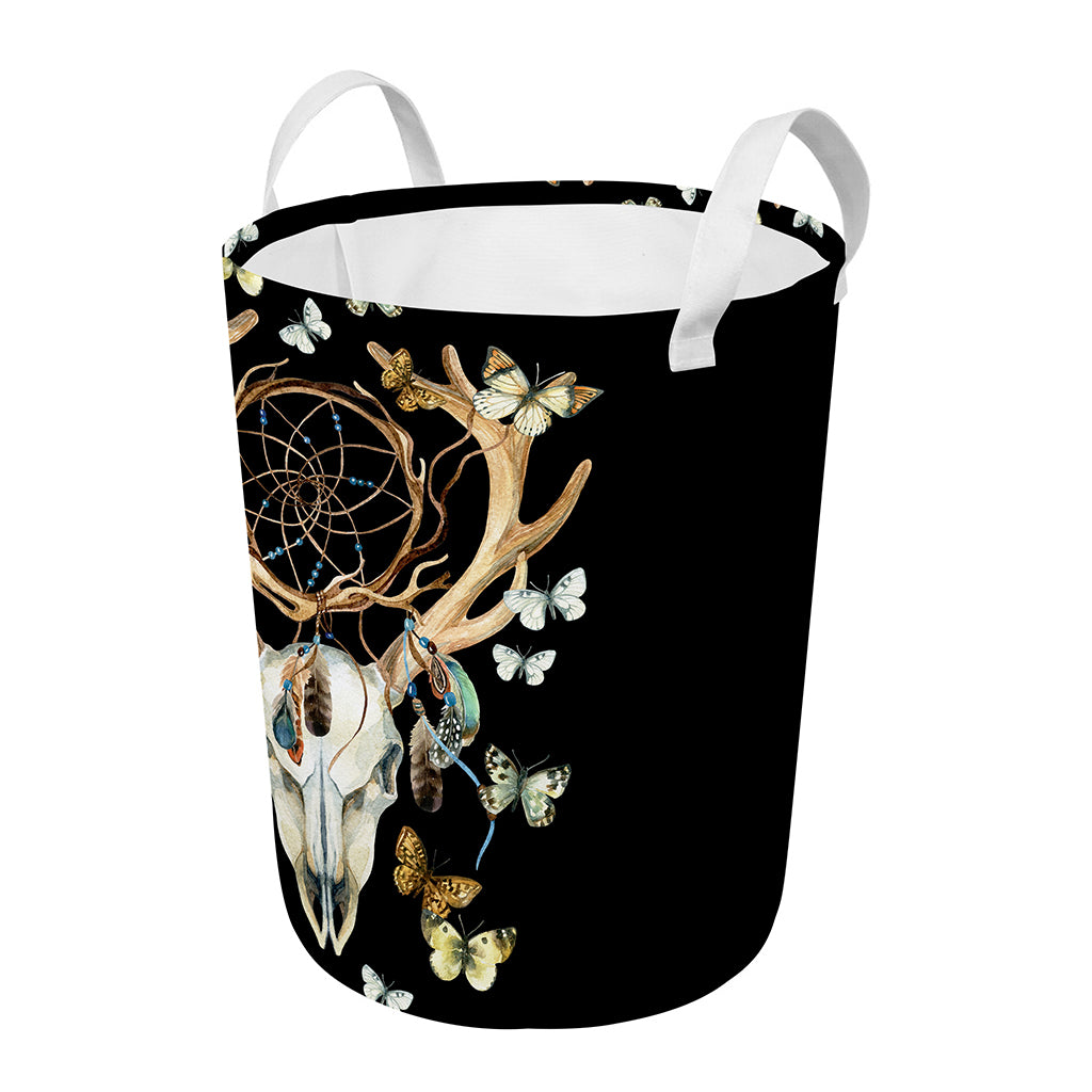 Dreamcatcher Deer Skull Print Round Laundry Basket