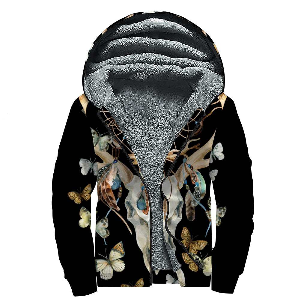 Dreamcatcher Deer Skull Print Sherpa Lined Zip Up Hoodie