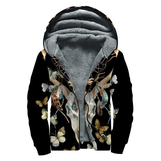 Dreamcatcher Deer Skull Print Sherpa Lined Zip Up Hoodie