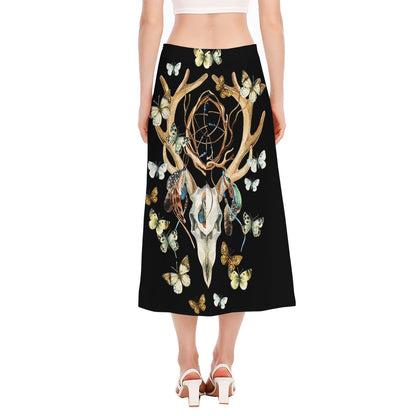 Dreamcatcher Deer Skull Print Side Slit Midi Skirt