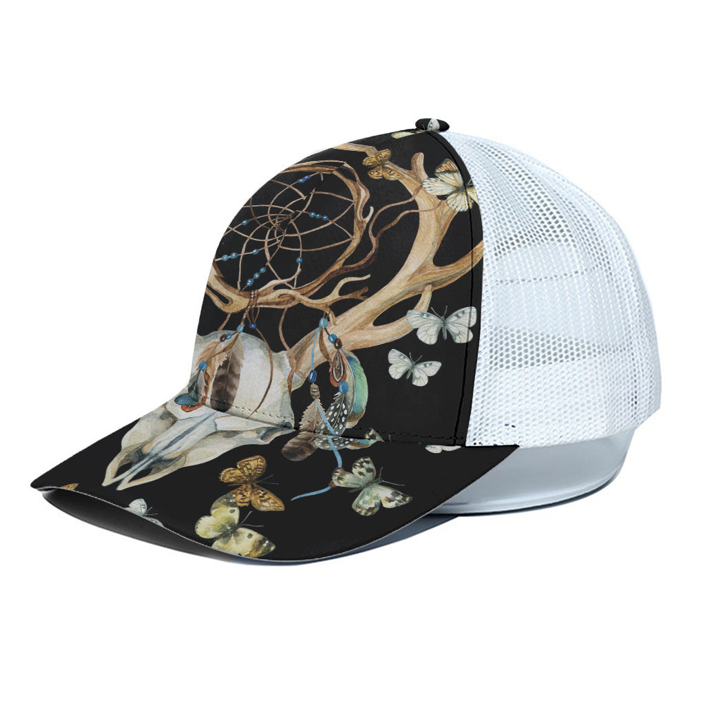 Dreamcatcher Deer Skull Print White Mesh Trucker Cap