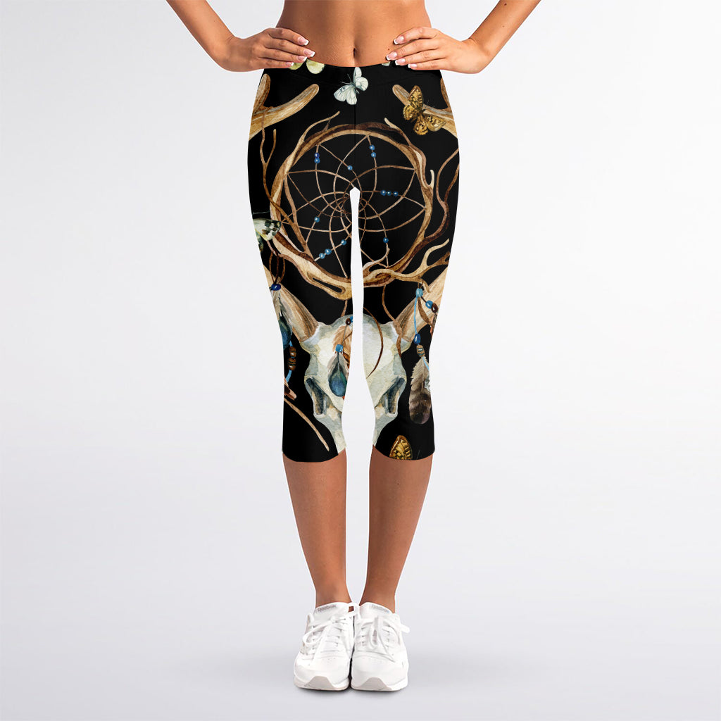 Dreamcatcher Deer Skull Print Women's Capri Leggings