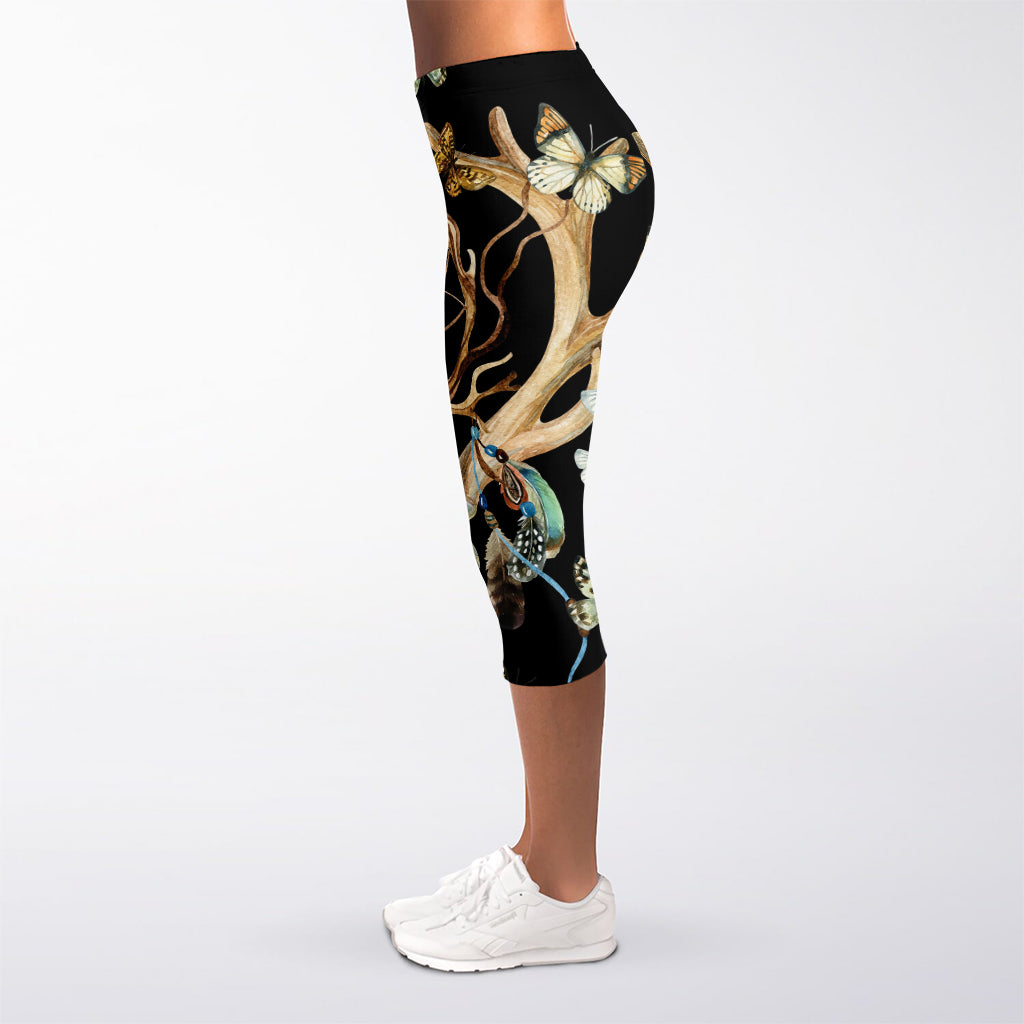 Dreamcatcher Deer Skull Print Women's Capri Leggings