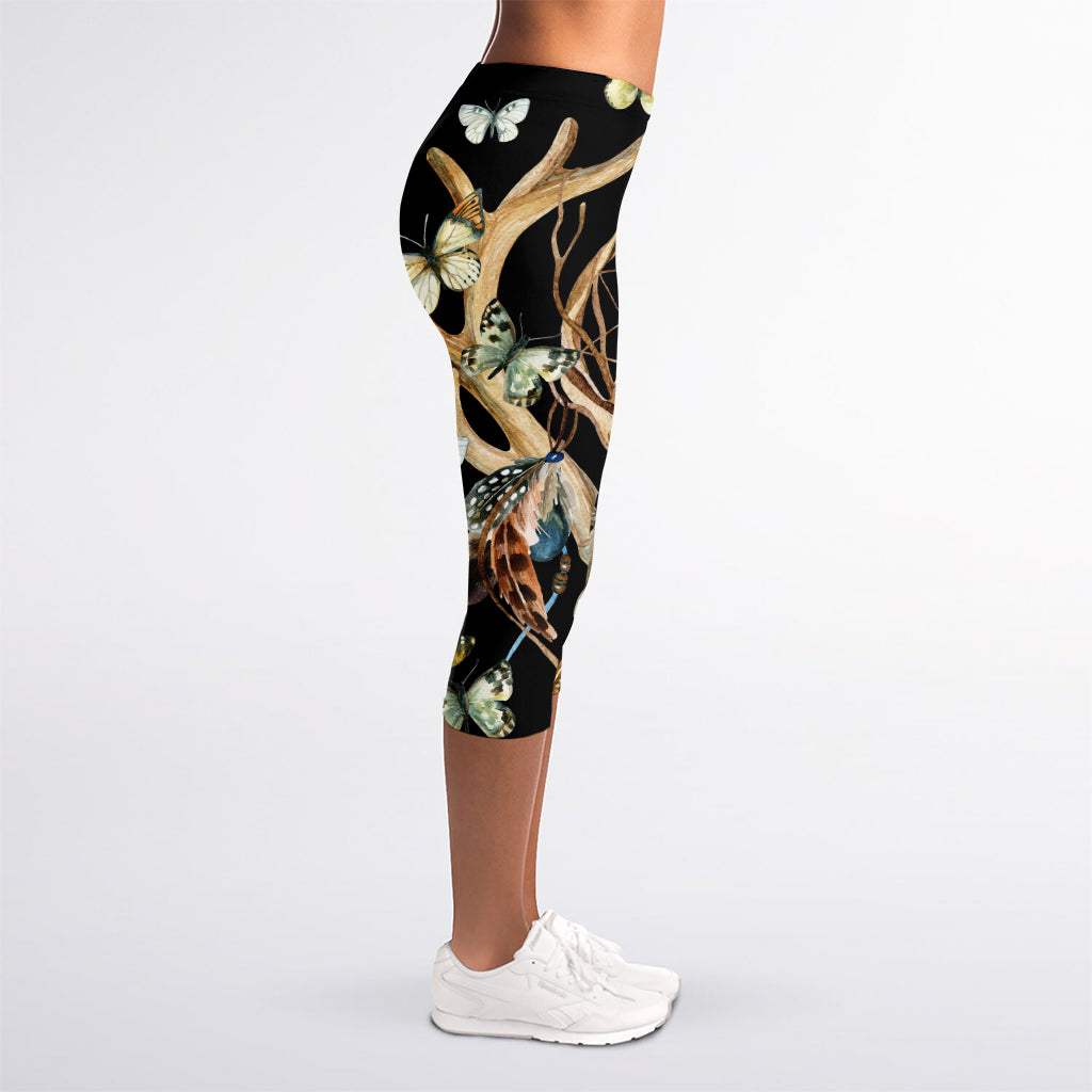 Dreamcatcher Deer Skull Print Women's Capri Leggings