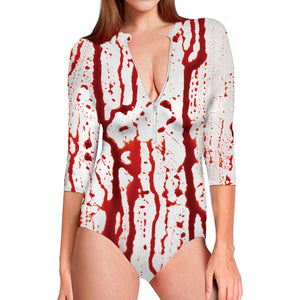 Dripping Blood Print Long Sleeve Swimsuit