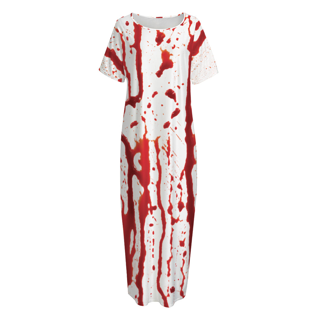 Dripping Blood Print Short Sleeve Long Nightdress