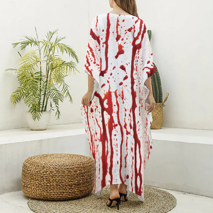 Dripping Blood Print Silk V-Neck Kaftan Dress