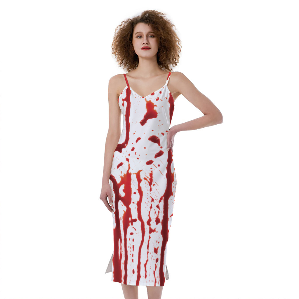 Dripping Blood Print Slim Fit Midi Cami Dress