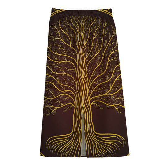 Druidic Yggdrasil Tree Print Cotton Front Slit Maxi Skirt