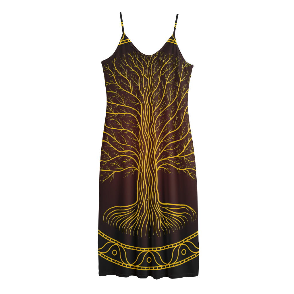 Druidic Yggdrasil Tree Print Jersey Midi Cami Dress