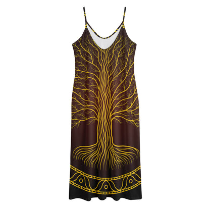Druidic Yggdrasil Tree Print Jersey Midi Cami Dress