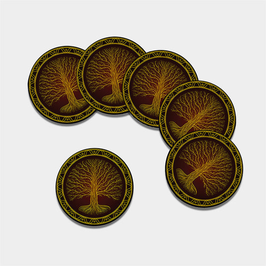 Druidic Yggdrasil Tree Print Leather Coaster Set