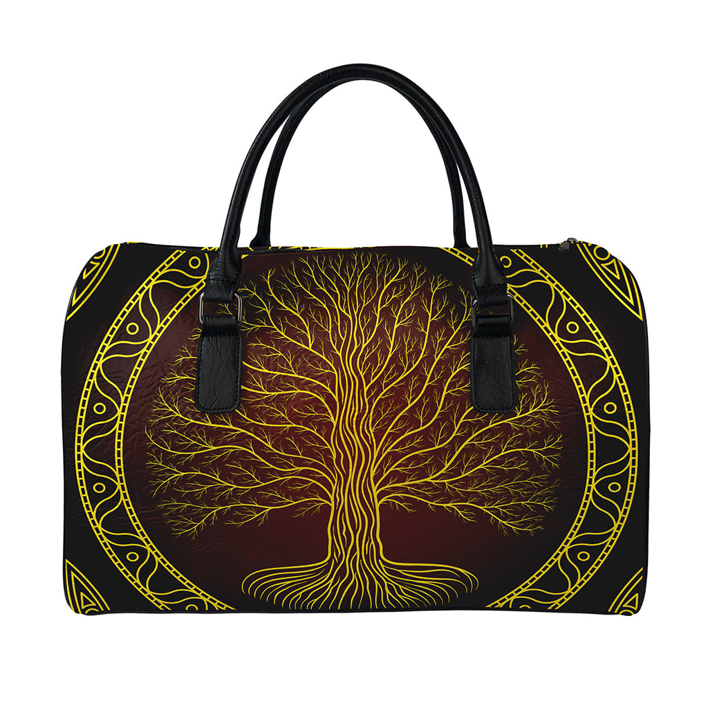 Druidic Yggdrasil Tree Print Leather Duffle Bag