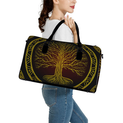 Druidic Yggdrasil Tree Print Leather Duffle Bag