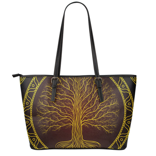 Druidic Yggdrasil Tree Print Leather Tote Bag