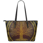 Druidic Yggdrasil Tree Print Leather Tote Bag
