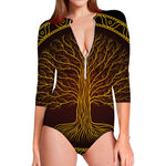 Druidic Yggdrasil Tree Print Long Sleeve Swimsuit