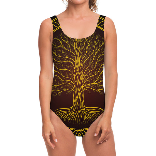 Druidic Yggdrasil Tree Print One Piece Swimsuit