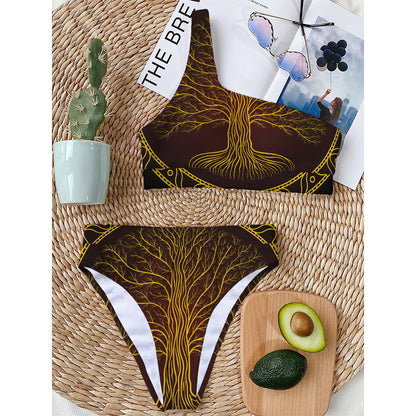 Druidic Yggdrasil Tree Print One Shoulder Bikini Top