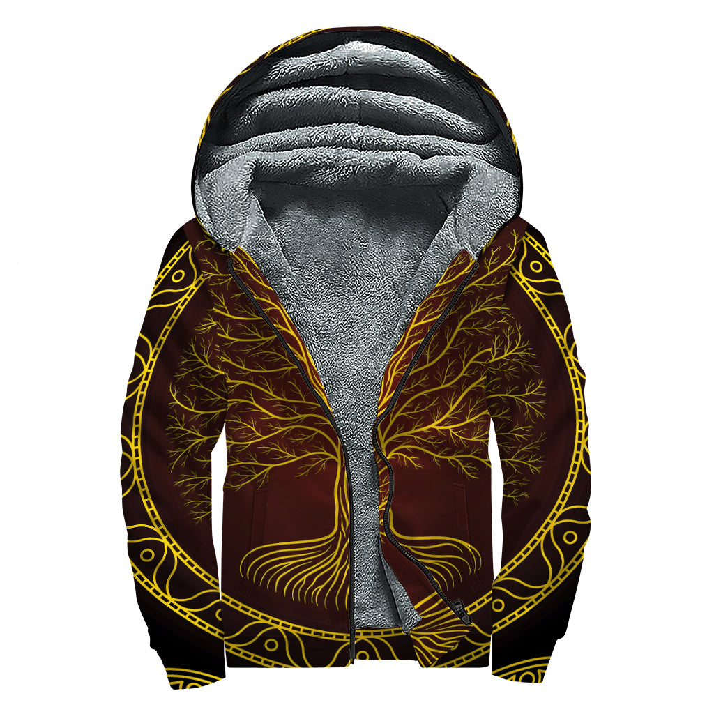 Druidic Yggdrasil Tree Print Sherpa Lined Zip Up Hoodie