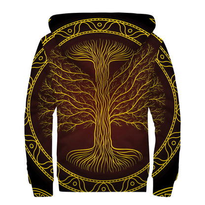 Druidic Yggdrasil Tree Print Sherpa Lined Zip Up Hoodie