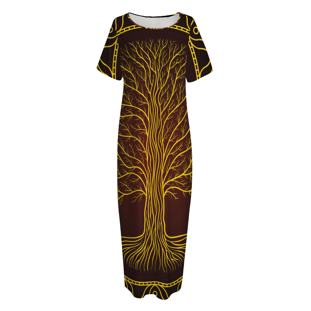 Druidic Yggdrasil Tree Print Short Sleeve Long Nightdress