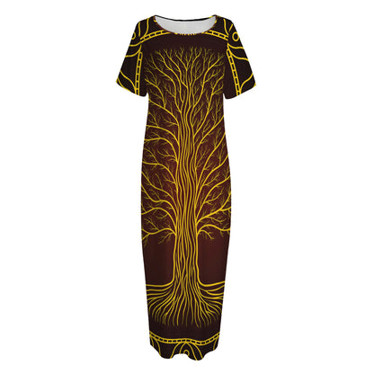Druidic Yggdrasil Tree Print Short Sleeve Long Nightdress