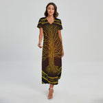 Druidic Yggdrasil Tree Print Short Sleeve Maxi Dress