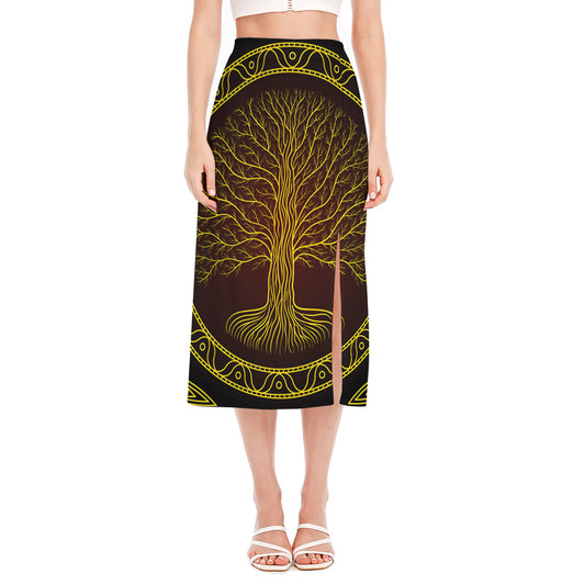 Druidic Yggdrasil Tree Print Side Slit Midi Skirt