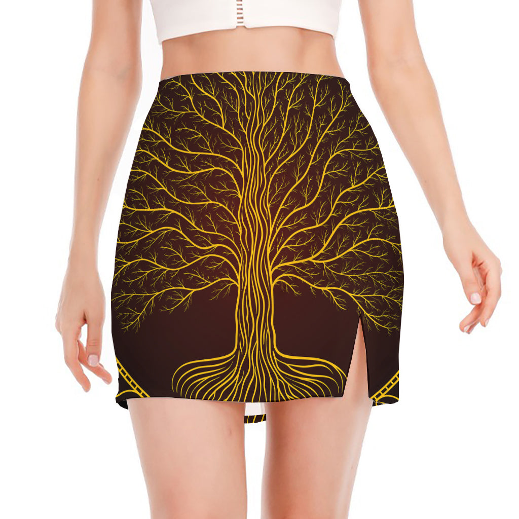 Druidic Yggdrasil Tree Print Side Slit Mini Skirt