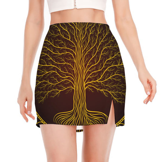 Druidic Yggdrasil Tree Print Side Slit Mini Skirt