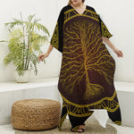 Druidic Yggdrasil Tree Print Silk V-Neck Kaftan Dress