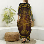 Druidic Yggdrasil Tree Print Silk V-Neck Kaftan Dress