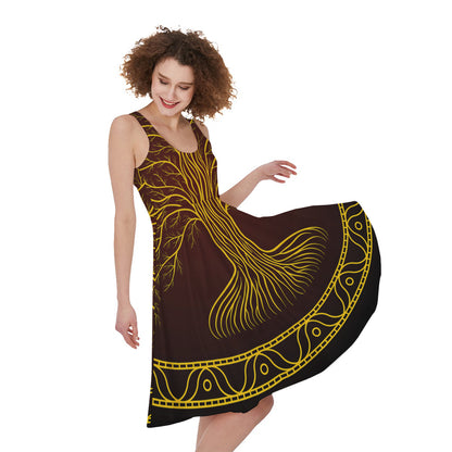 Druidic Yggdrasil Tree Print Women's Sleeveless Dress