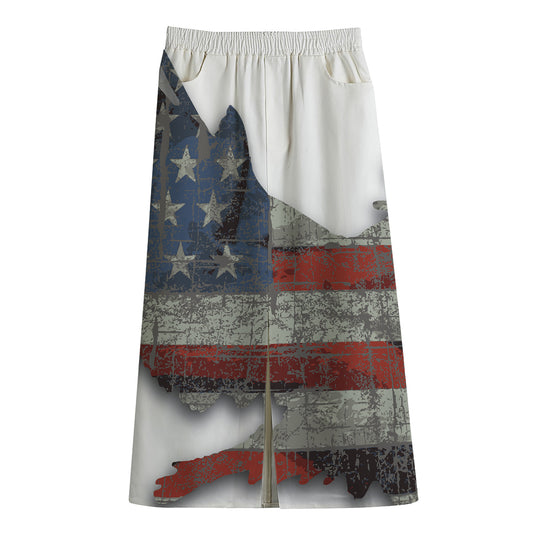 Eagle American Flag Print Cotton Front Slit Maxi Skirt