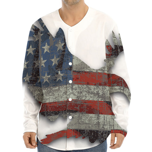 Eagle American Flag Print Long Sleeve Baseball Jersey