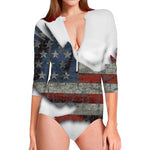 Eagle American Flag Print Long Sleeve Swimsuit