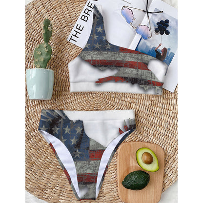 Eagle American Flag Print One Shoulder Bikini Top