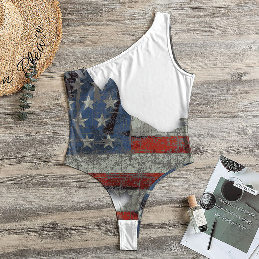 Eagle American Flag Print One Shoulder Bodysuit