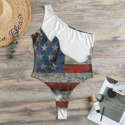 Eagle American Flag Print One Shoulder Bodysuit