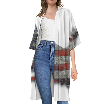 Eagle American Flag Print Open Front Beach Cover Up