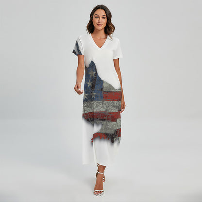 Eagle American Flag Print Short Sleeve Maxi Dress