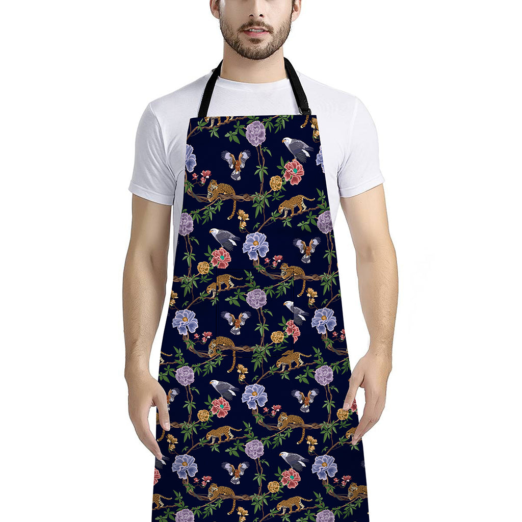 Eagle And Jaguar Pattern Print Bib Apron With Pocket