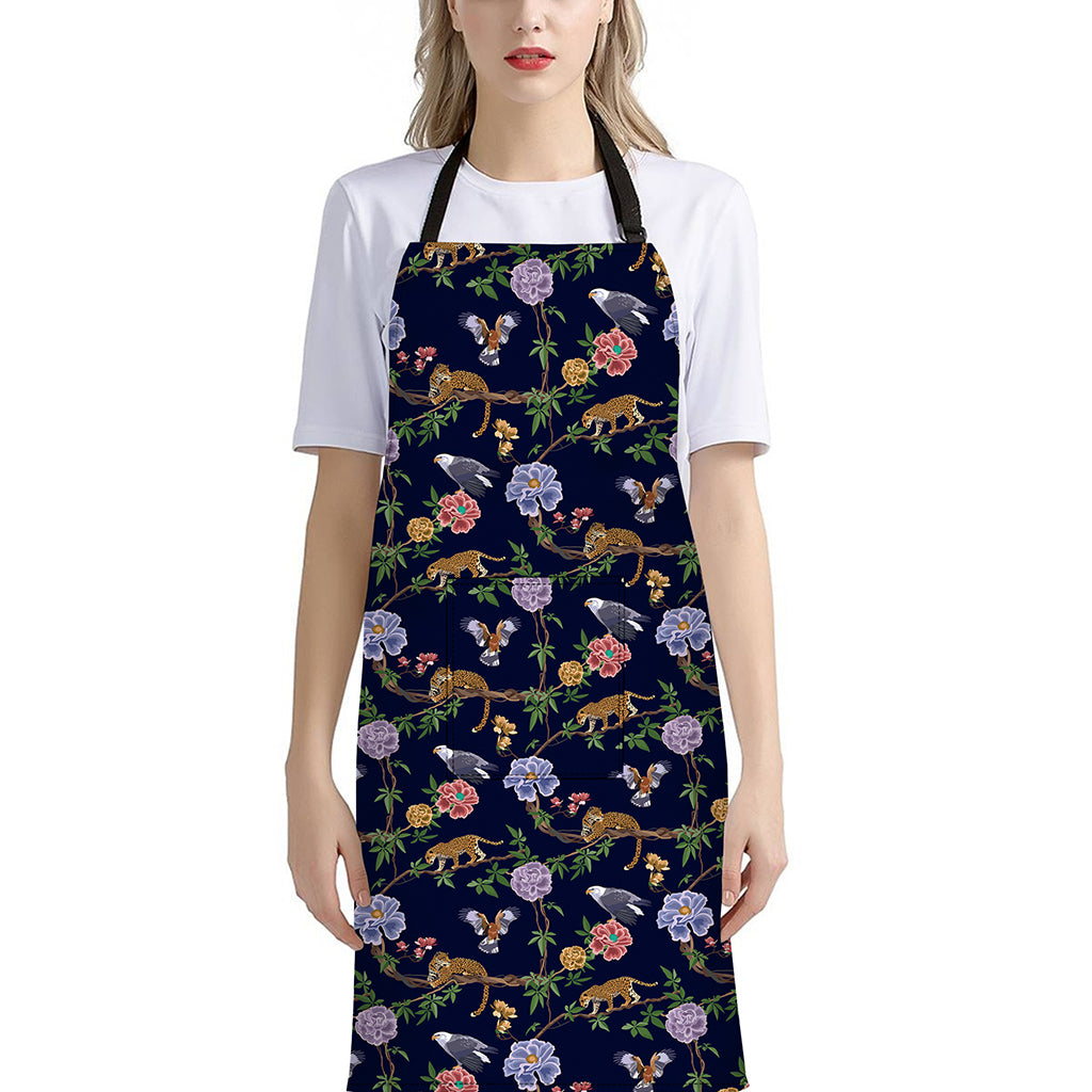 Eagle And Jaguar Pattern Print Bib Apron With Pocket