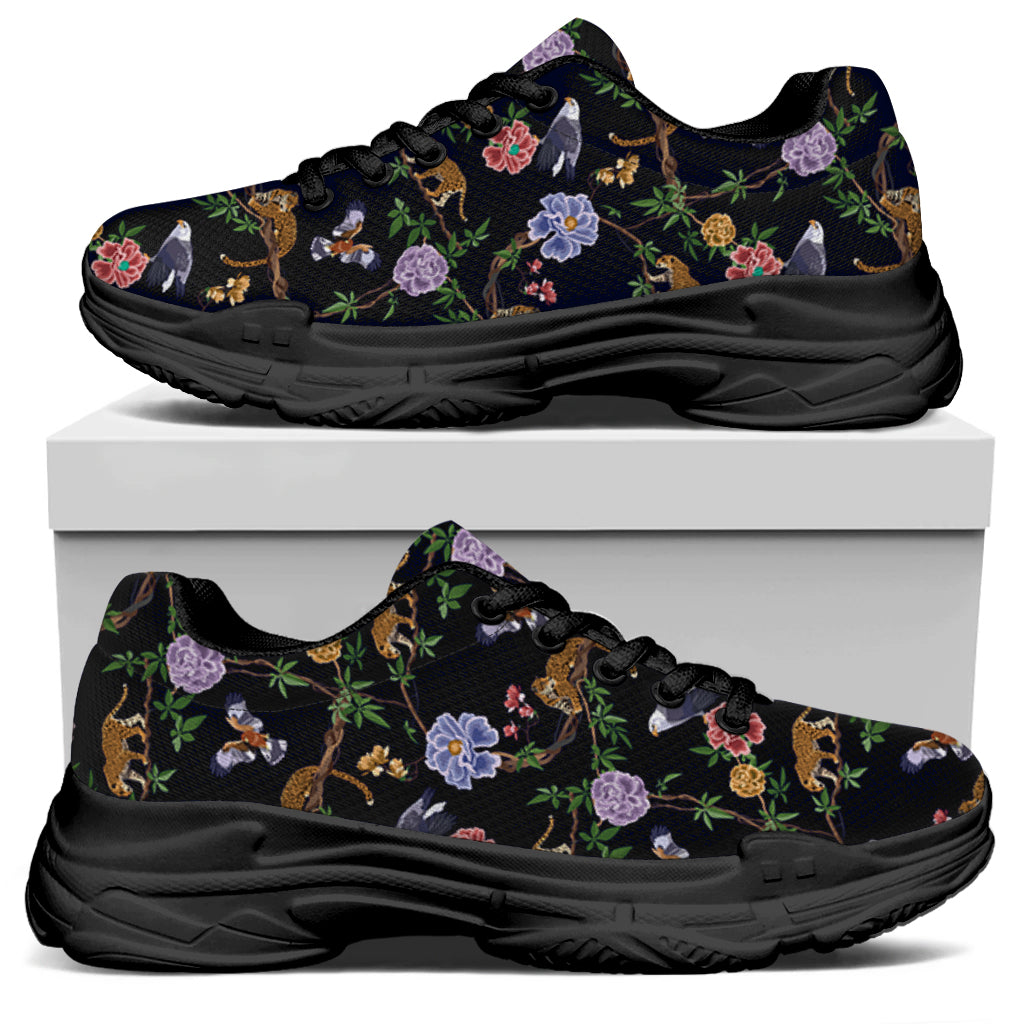 Eagle And Jaguar Pattern Print Black Chunky Shoes