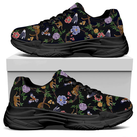 Eagle And Jaguar Pattern Print Black Chunky Shoes