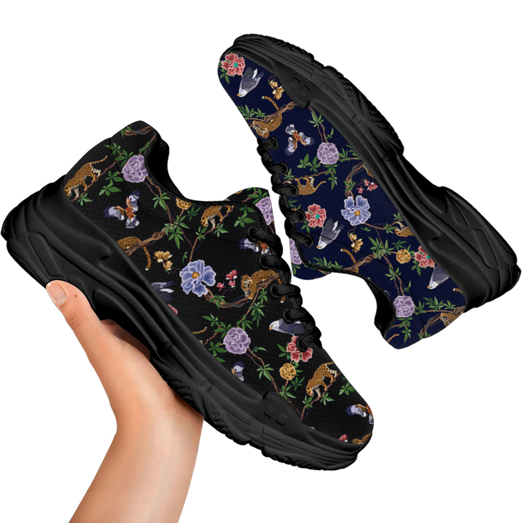 Eagle And Jaguar Pattern Print Black Chunky Shoes
