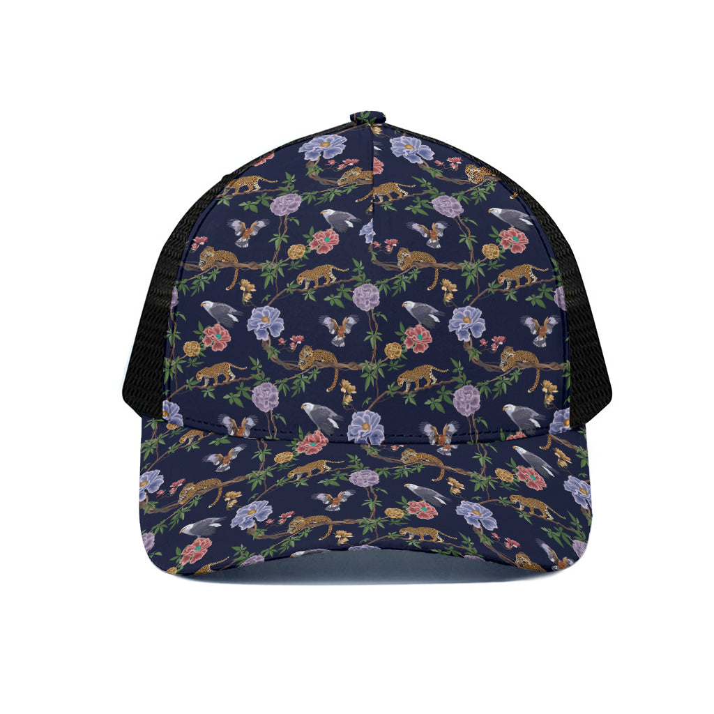 Eagle And Jaguar Pattern Print Black Mesh Trucker Cap
