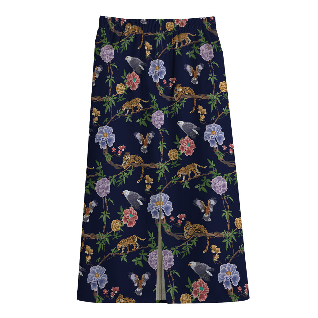 Eagle And Jaguar Pattern Print Cotton Front Slit Maxi Skirt